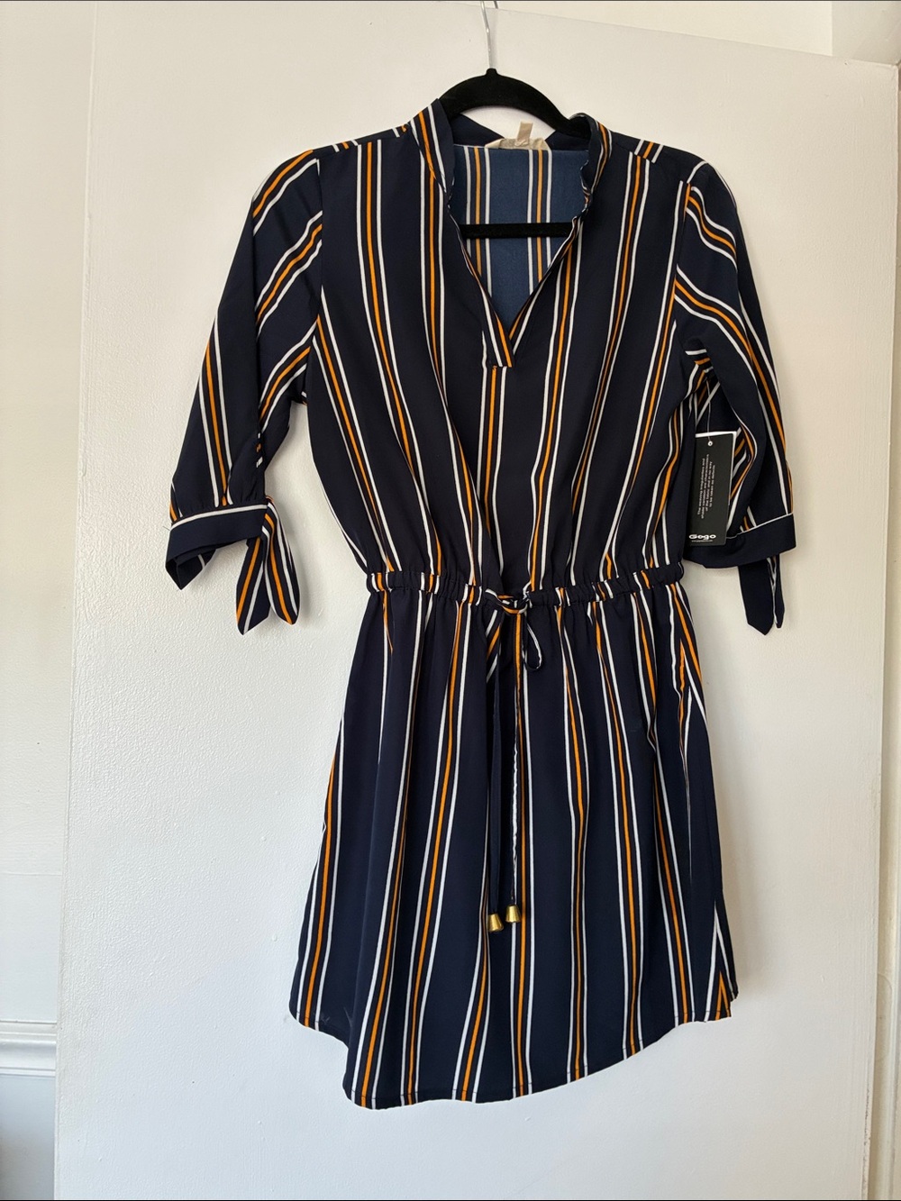 GOGO Navy Striped Dress with Gold & White Vertical Stripes